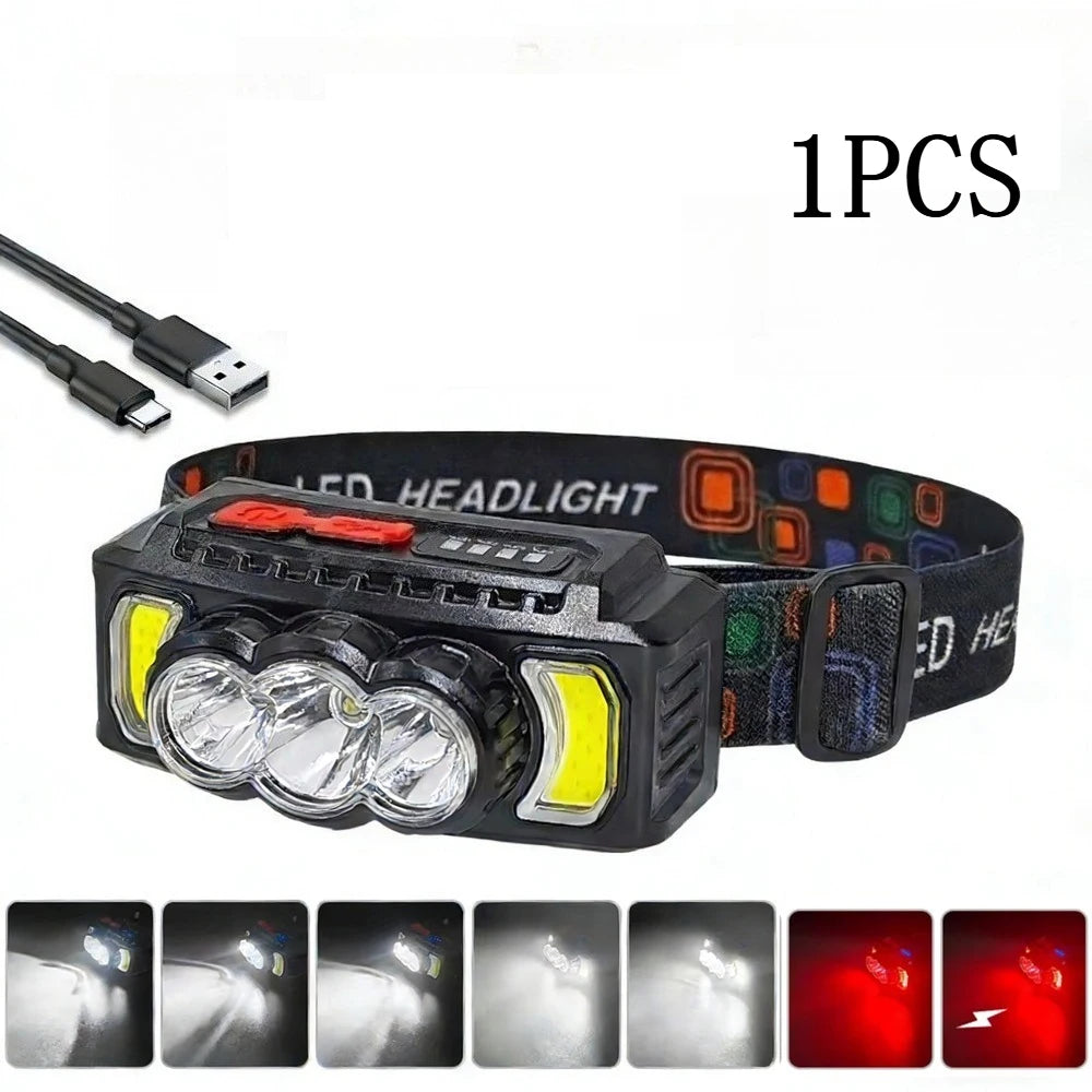 Super Powerful COB Head Flashlight LED Portable Head Lamp USB Rechargeable 7 Modes Outdoor Camping Hiking Headlamp Work Light Oasis Select 1PCS
