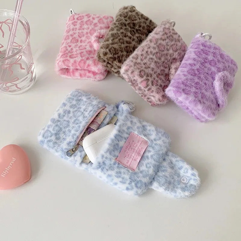1pcs Female Leopard Print Plush Snap Button Coin Purse High-value Pendant Small Wallet Student Portable Meal Card Storage Bag Oasis Select