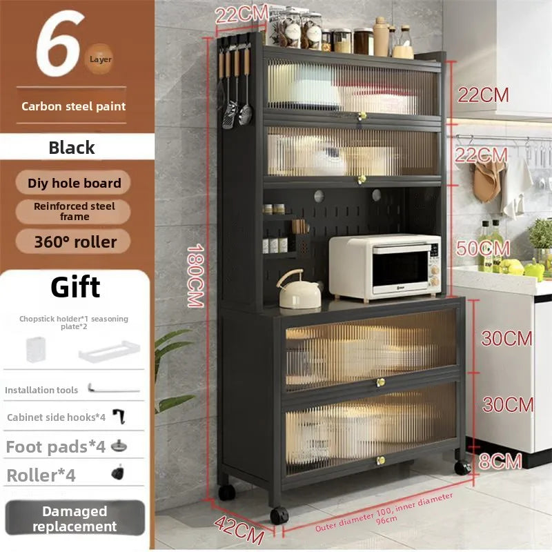 Kitchen Locker Carbon Steel Shelf with Door Household Side Cabinet Microwave Oven Storage Cabinet Cross-border Oasis Select Six layers100 gray