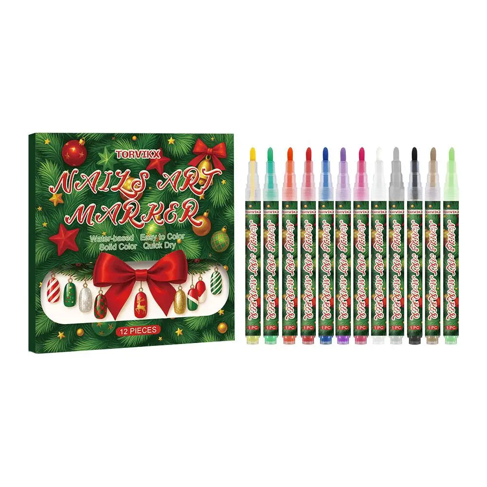 12-Piece Christmas Nail Art Pen Set – Fine Tip Quick-Dry