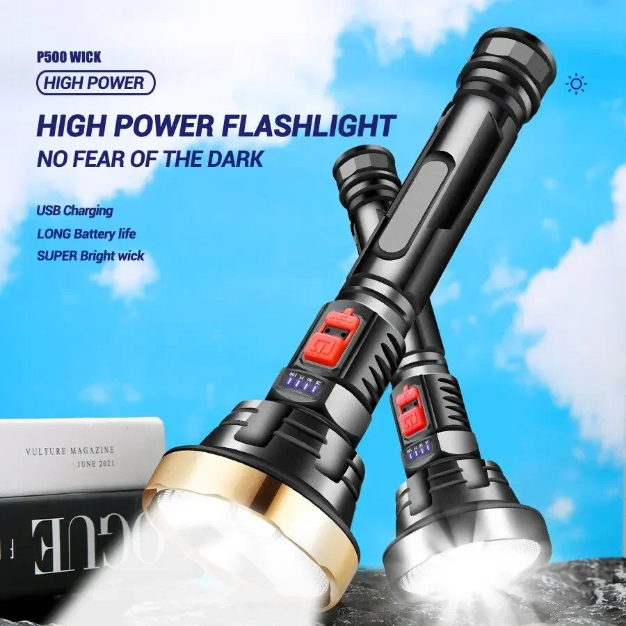 Big Strong Light LED Flashlight USB Rechargeable Tactical Hunting Camping Lantern Built in Battery Flash Light Power Display Oasis Select