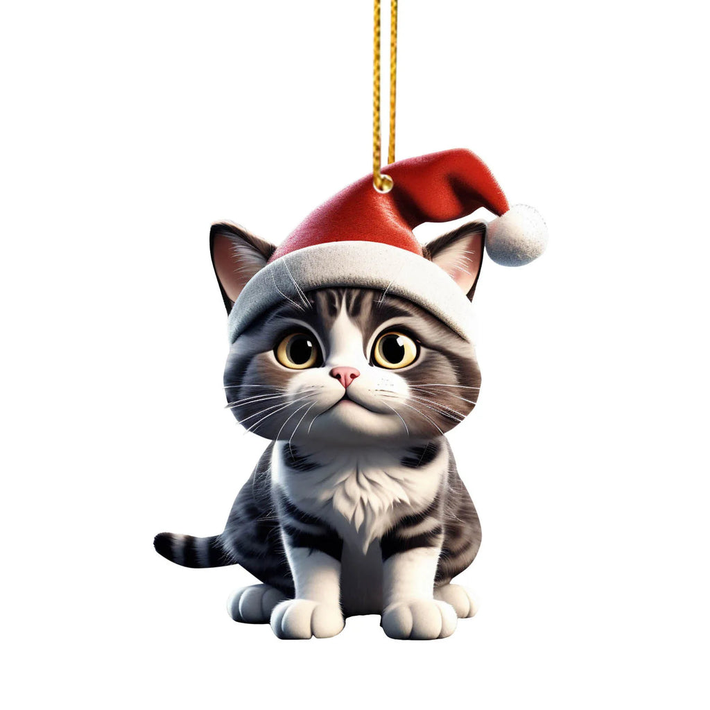 2D Acrylic Funny Cat Christmas Ornament | Santa Hat Pendant