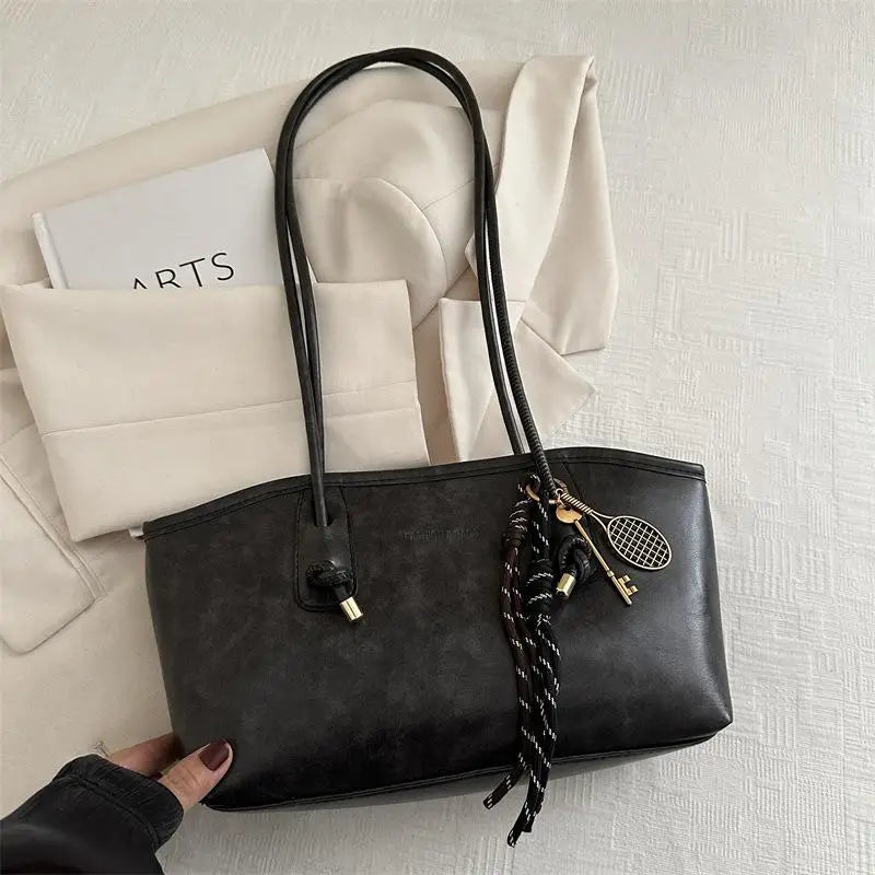 Retro PU Leather Tote Bag – Large Capacity & Charm Pendant