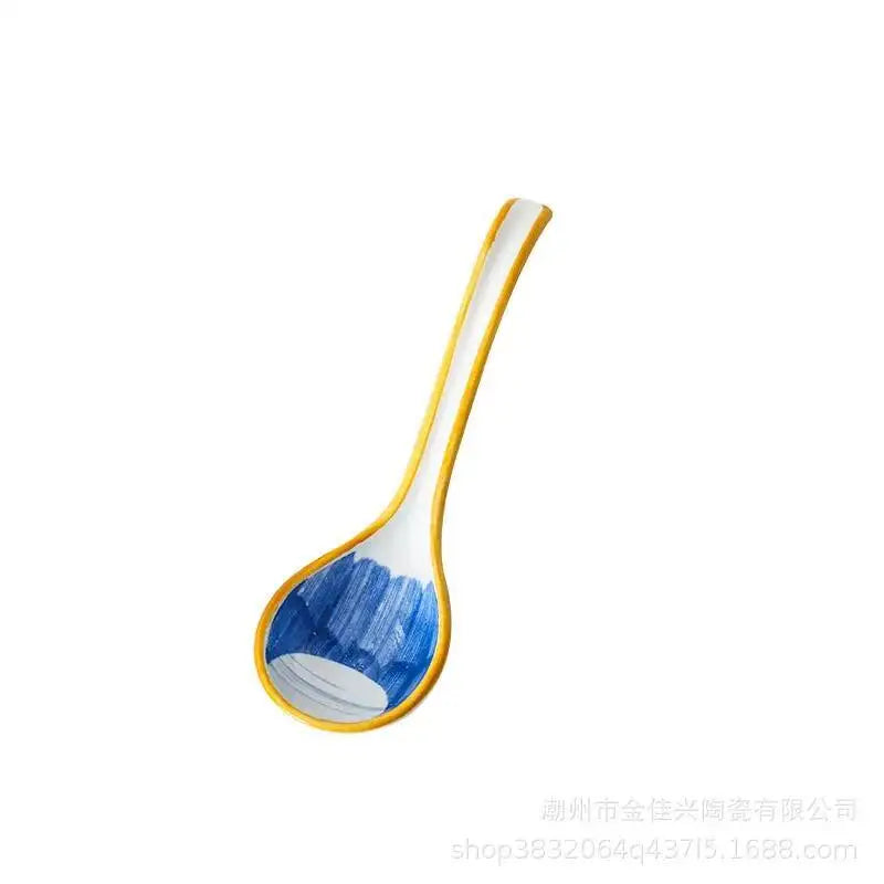 Japanese Style Spoon Ceramic Soup Spoon Daily Ceramic Soup Spoon Ramen Extended Handle Small Spoon Bent Spoon Tableware Oasis Select Moonlit Night