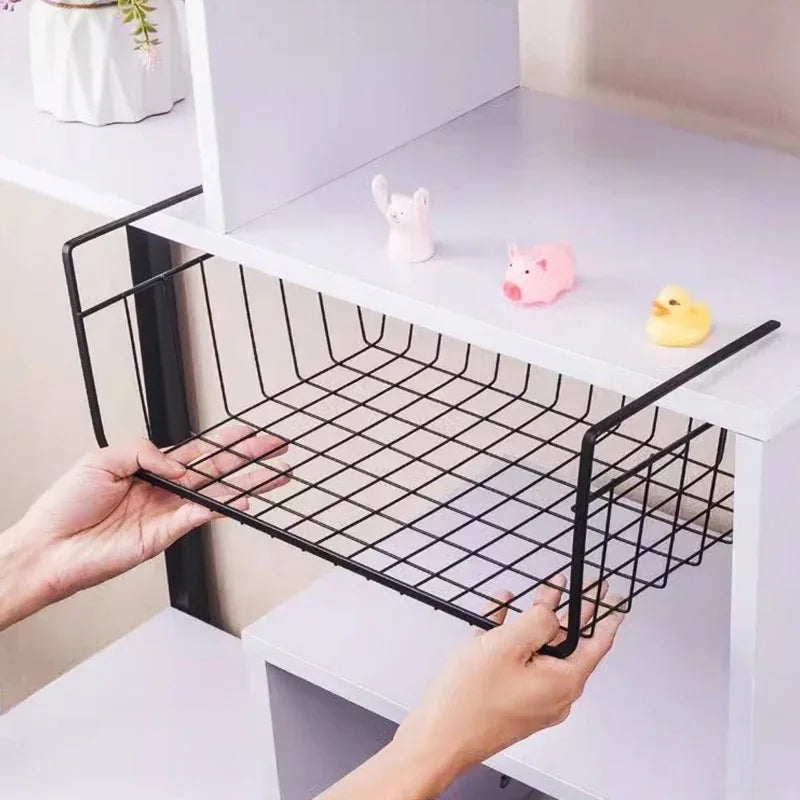 1pcs Portable Metal Iron Kitchen Shelf Under Table Hanging Net Basket Multifunctional Book Storage Rack Home Offices Organizer Oasis Select