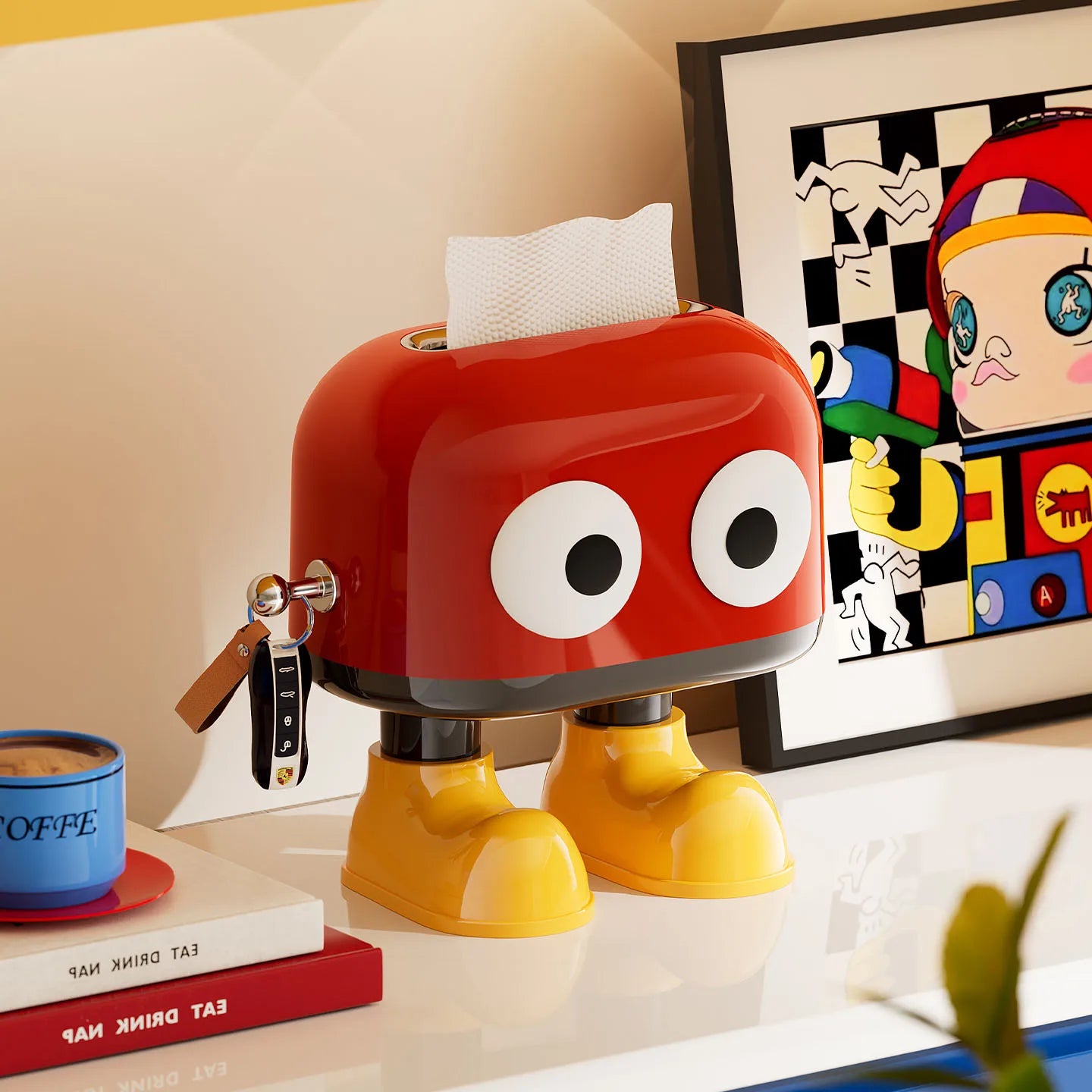 Cute tissue box. Tissue holder with a spring mechanism. Features a cute cartoon eye design, perfect for living room Oasis Select