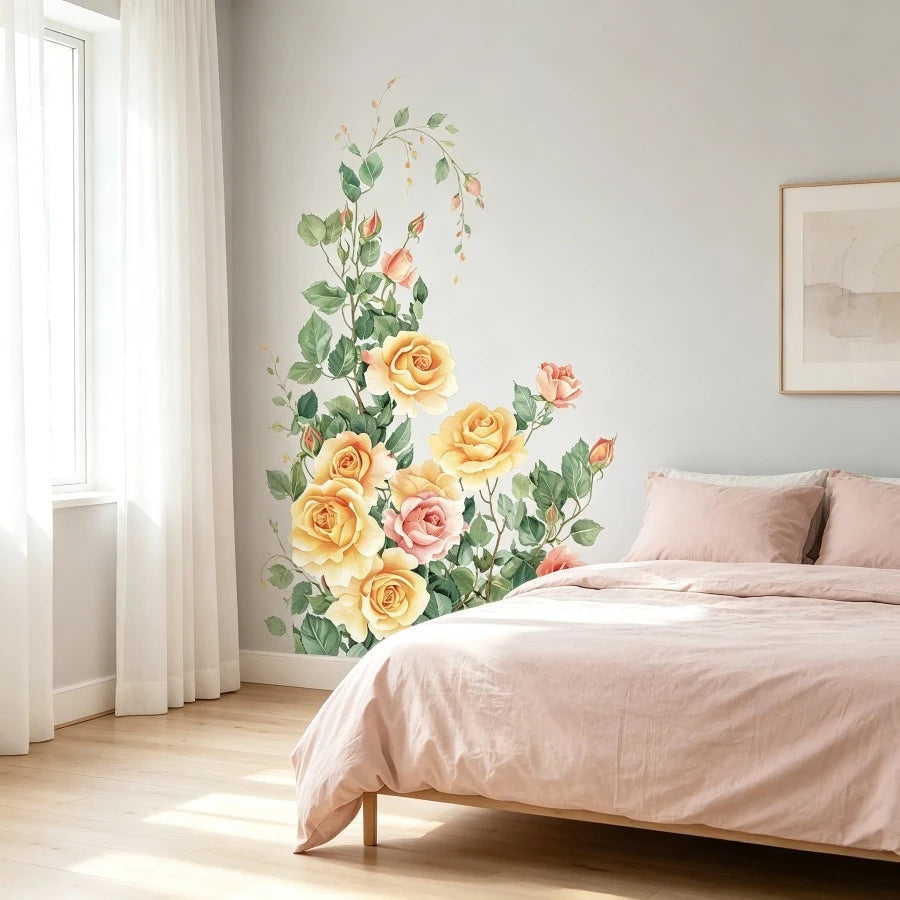 Vibrant Hand Drawn Rose Floral Self Adhesive Wall Murals Suitable for Bedroom Living Area Household Wall Background Decor Oasis Select