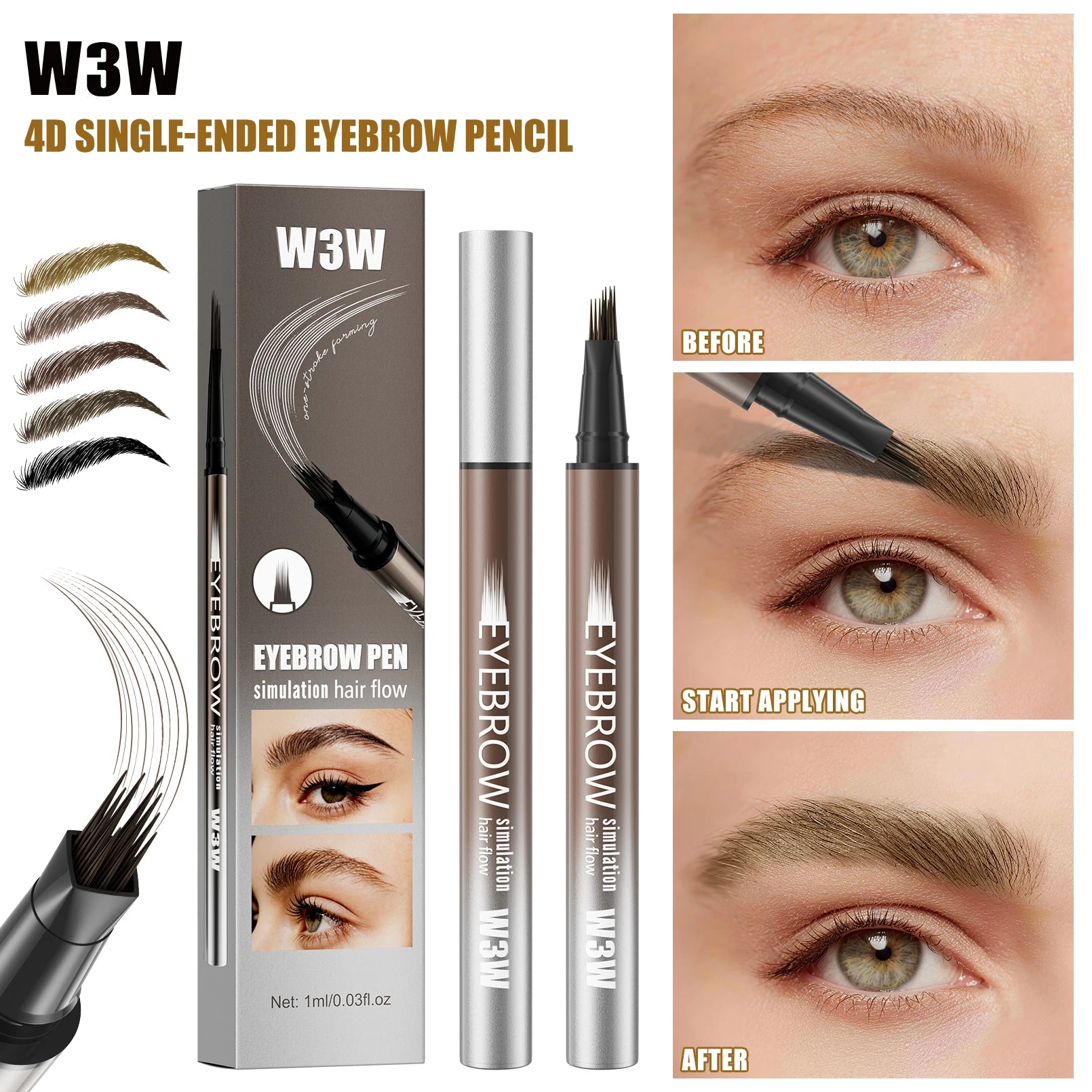 W3W Waterproof Liquid Eyebrow Pen – 5 Colors, Long-Lasting