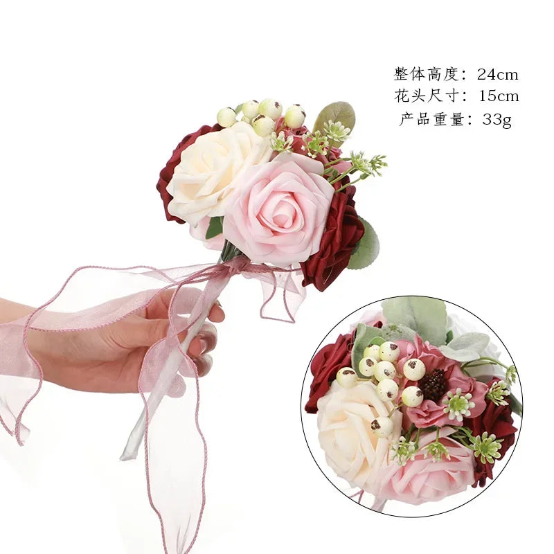Bridesmaid Gold Hoop Bouquet for Wedding Bridal Shower Ceremony Artificial Rose Flower Hoop Wreath Front Door Wall Decoration Oasis Select C-Red