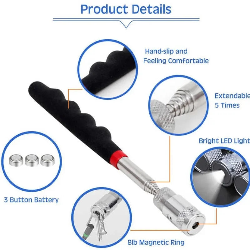 1/3/5PCS Telescopic Magnetic Pickup Tool with LED Light Extendable Metal Magnet Stick for Auto Repair and Metal Parts Retrieval Oasis Select