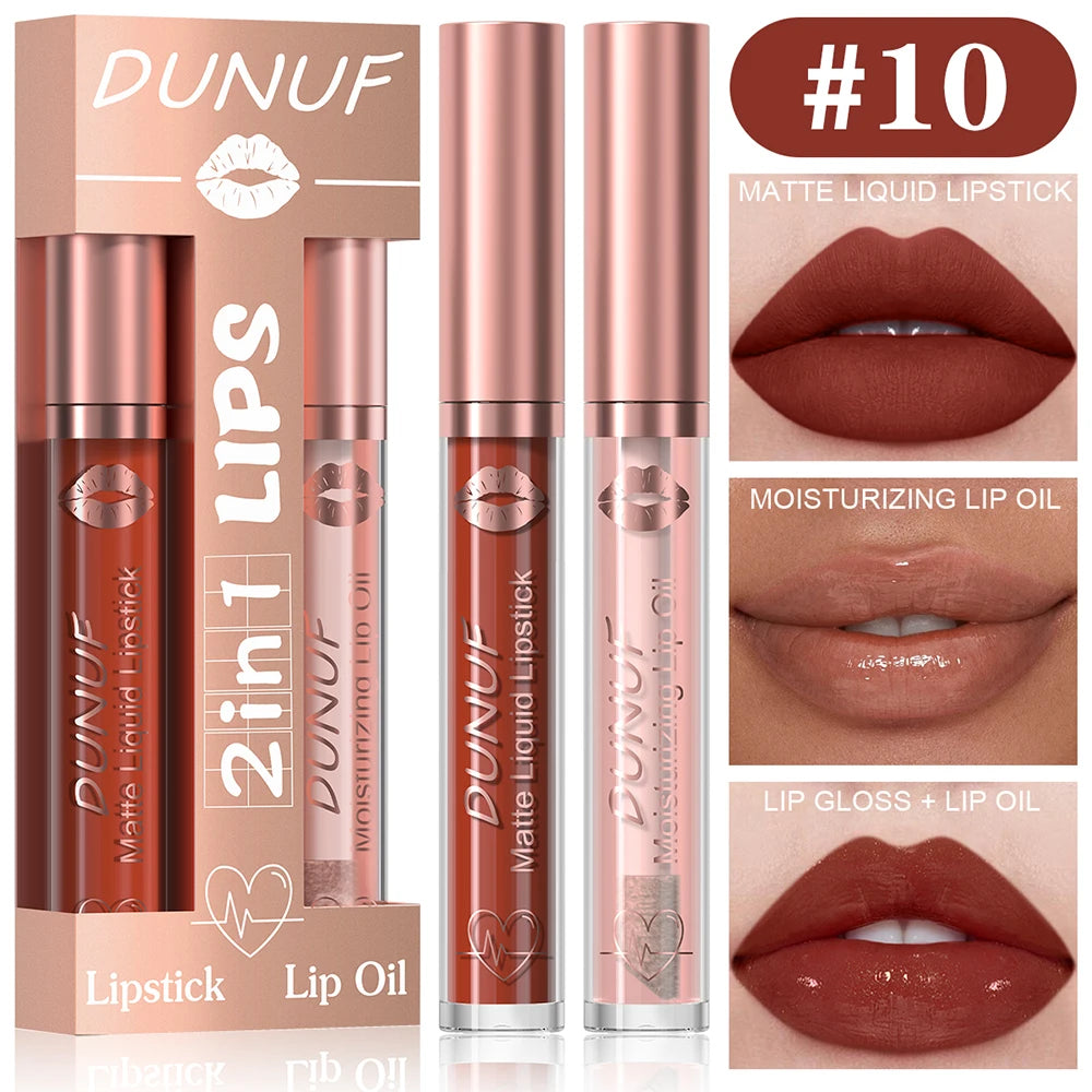 DUNUF Lip Gloss And Lip Oil Set 2-Piece Long-Lasting Waterproof Matte Moisturizing Non-Fading Lipstick Collection Oasis Select 10
