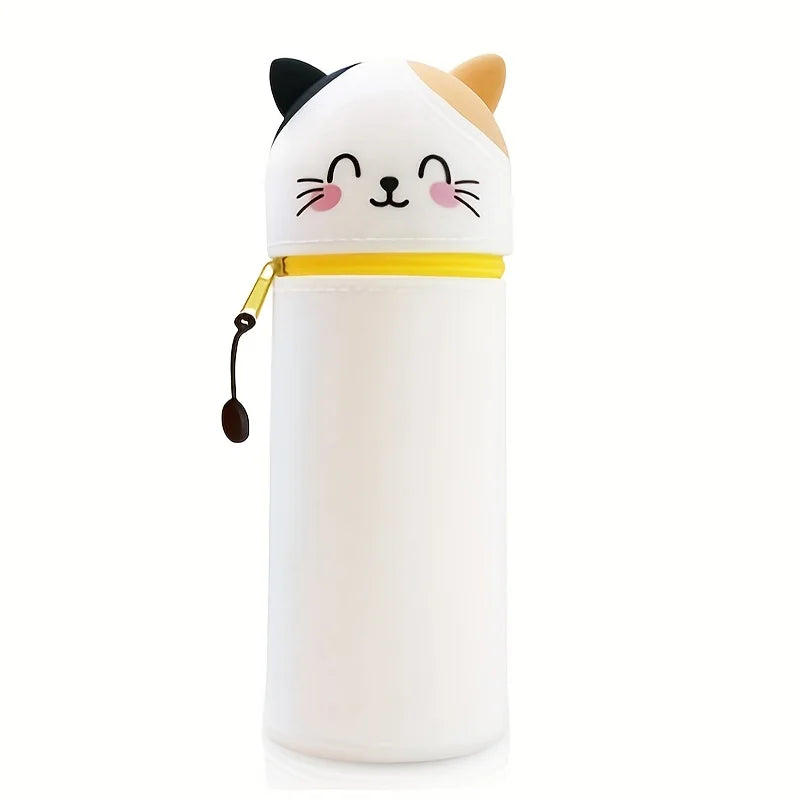 1pc 2-in-1 Expandable Silicone Cute Pencil Case,Cute Cat Design Desk Organizer, Soft Durable Storage Bag for School Office Home Oasis Select