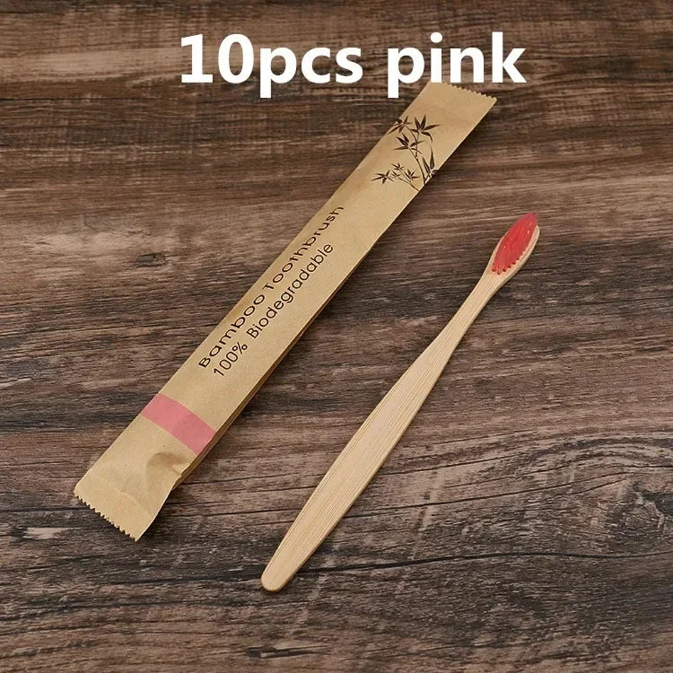 10Pcs Eco friendly toothbrush Bamboo Resuable Toothbrushes Portable Adult Wooden Soft Tooth Brush for Home Travel Hotel use Oasis Select 10pcs pink
