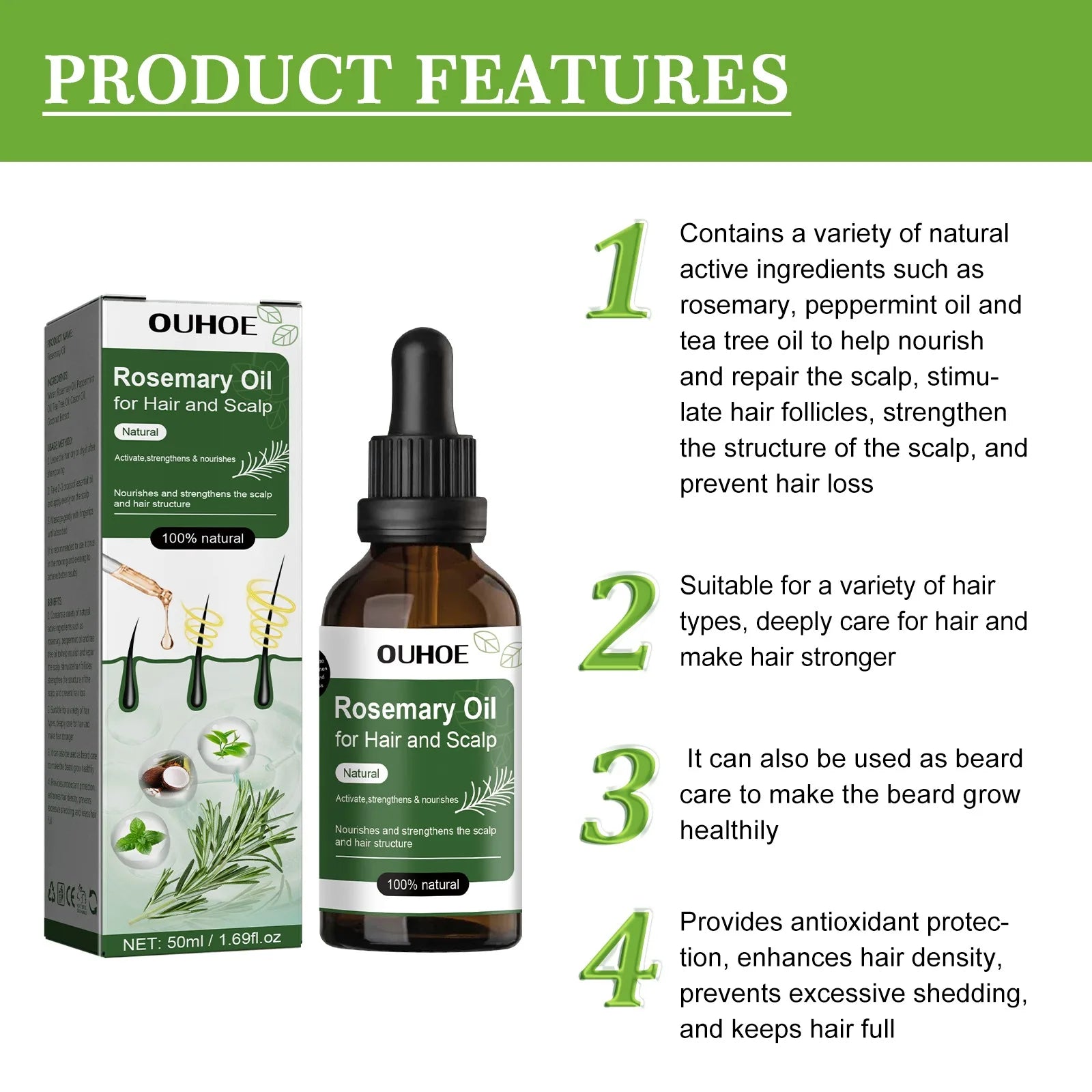 Rosemary Oil for Hair Growth 50ml Essential Oil Growing Hair Beauty Hair Care Prevents Hair Loss Promotes Healthy Hair Growth Oasis Select