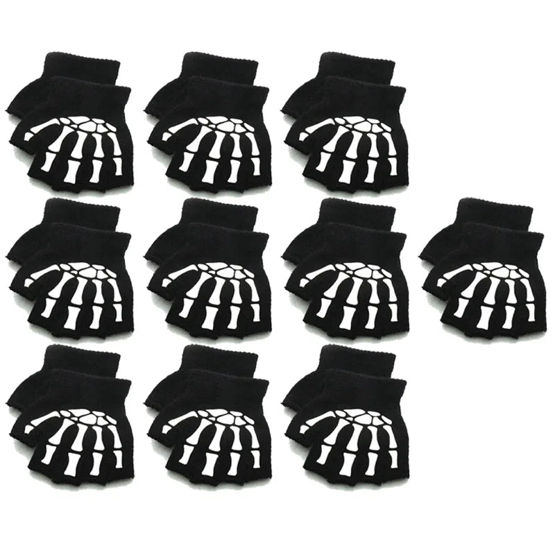 1-10pairs New Adult Cosplay Halloween Skeleton Skull Half Finger Punk Gloves Glow in the Dark Fingerless Stretch Knitted Mittens Oasis Select 10pairs