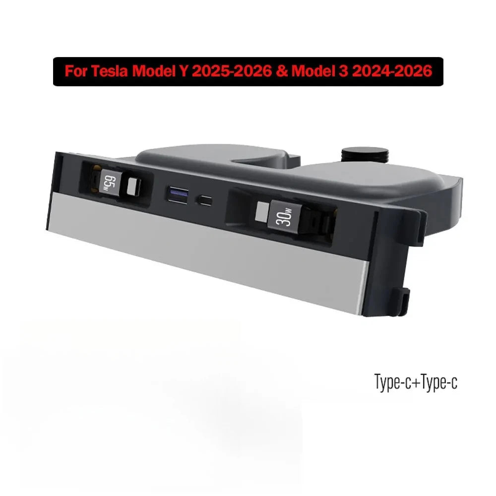 Retractable Center Console USB Hub For Tesla Model Y Juniper 2026 Model 3 Highland Phone Charger Fast Charging Docking Station Oasis Select Type-C and Type-C