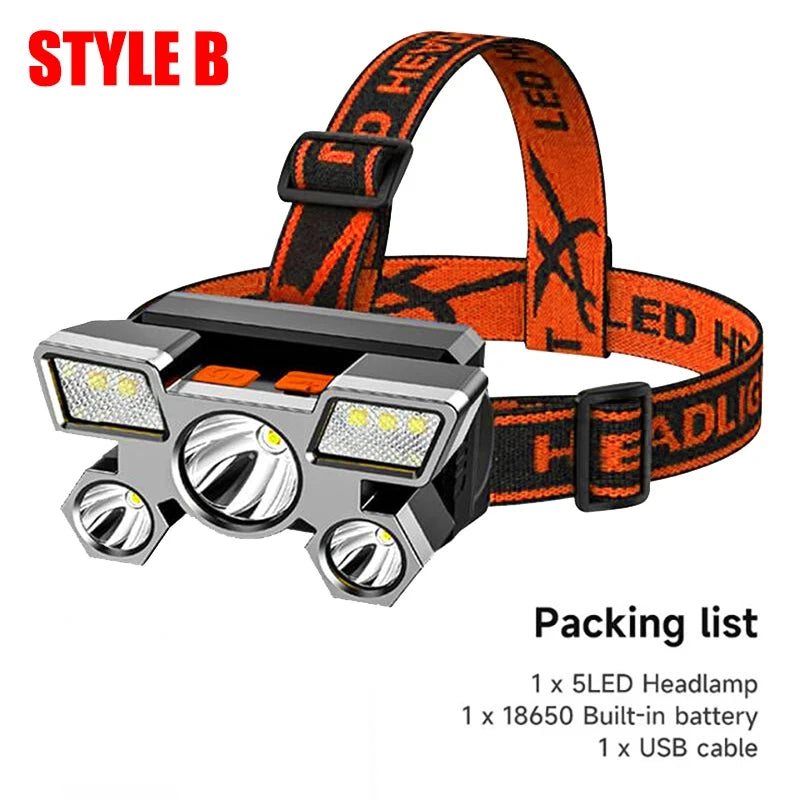 KDULIT 5LED Headlamp Strong Light Head Lamp USB Rechargeable Headlight Built-in 18650 Battery Fishing Flashlight Outdoor Lantern Oasis Select Style B