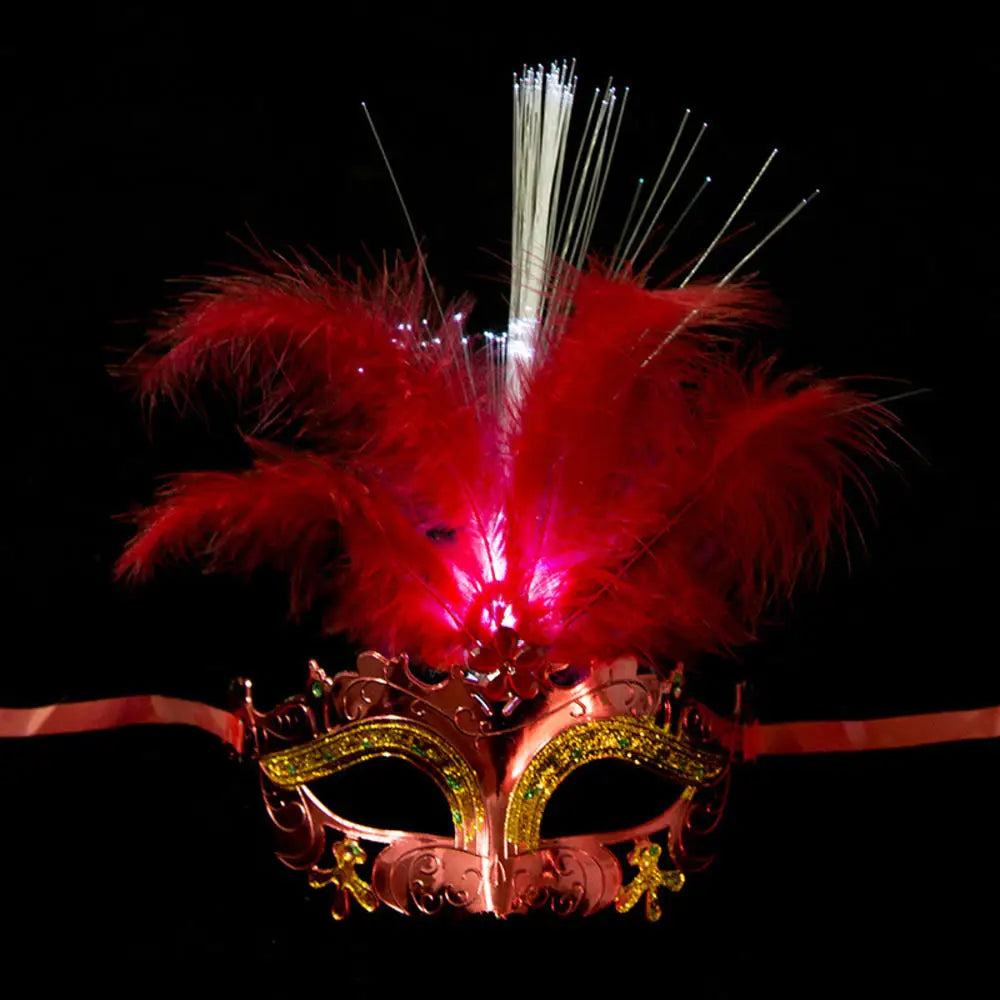 Women LED Party Mask Masquerade Luxury Peacock Feathers Half Face Mask Cosplay Costume Venetian Mask Oasis Select Red1