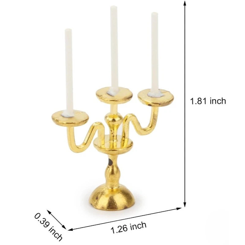 1/2 PCS Vintage 3-Arm Candelabra with Candles – 1:12 Miniature in Gold/Silver for Dollhouse, Fairy Garden & Micro Landscapes Oasis Select