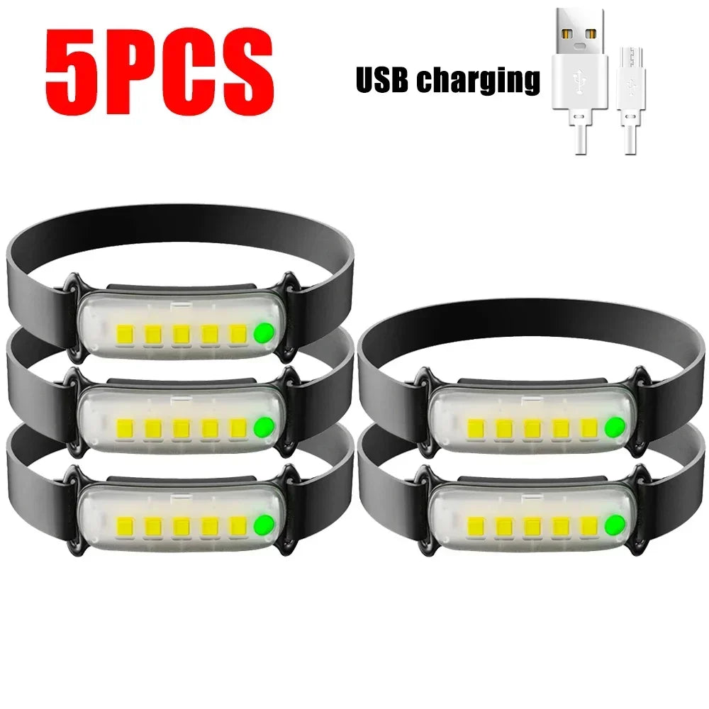 COB LED Headlamp Waterproof Mini LED Flashlight Fishing Head Lamp LED Flashlight Camping Hiking Lamp Working Camping Head Light Oasis Select 5PCS