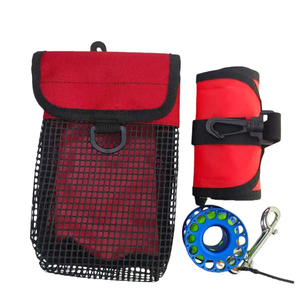 Diving SMB Kit 1.1m Closed Surface Marker Buoy & 30m Aluminum Finger Spool Reel & Dive Sausage Storage Bag Combo Oasis Select red blue