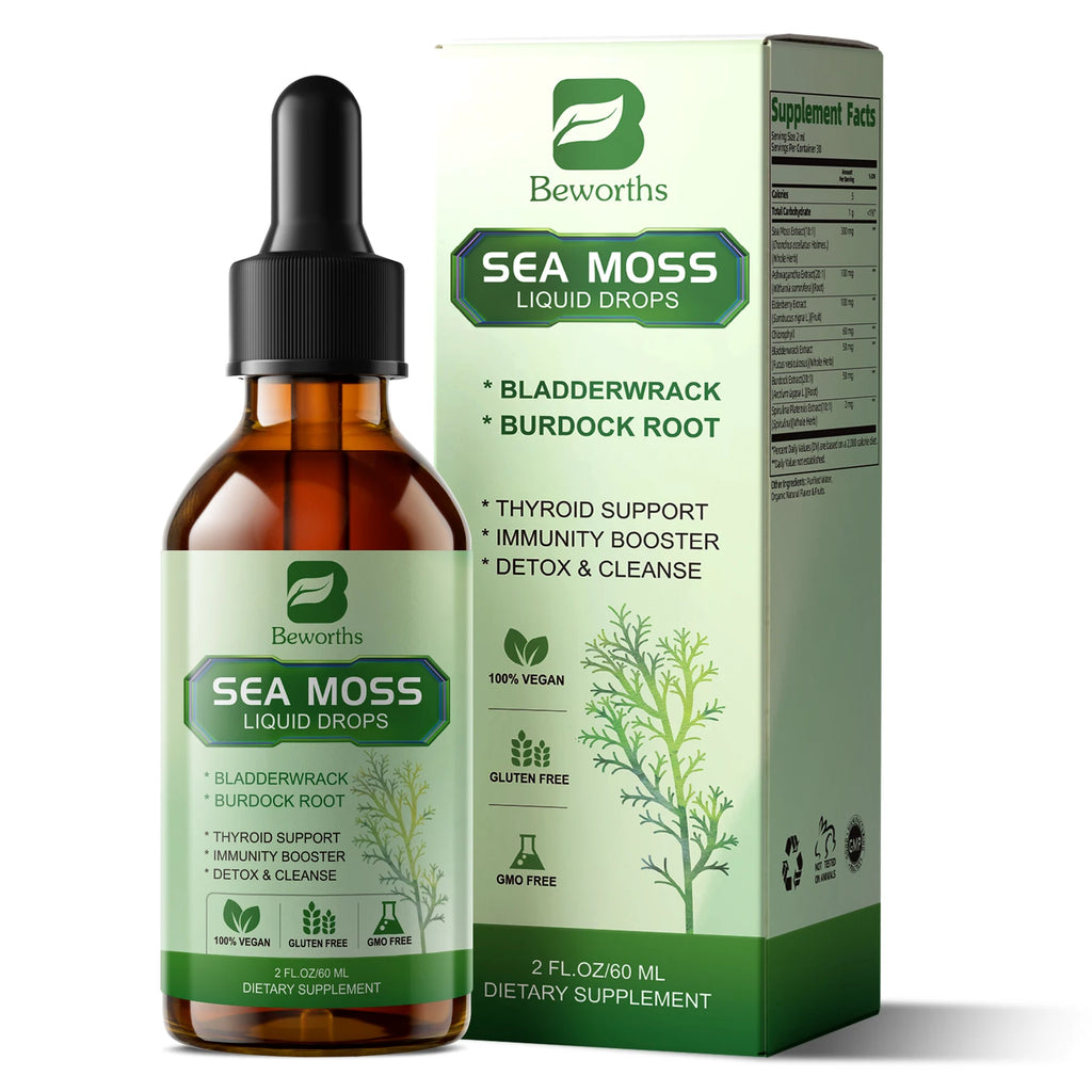 BEWORTHS Organic Seamoss Drops with Burdock Root and Spirulina Support Immunity and Gut Health, Help Digestion Weight Management Oasis Select