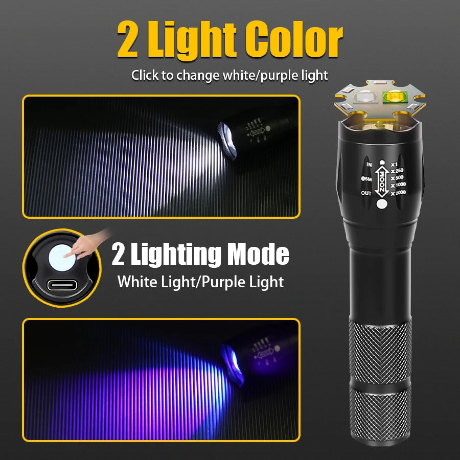 2-in-1 UV & White LED Zoomable Flashlight | 395nm Torch