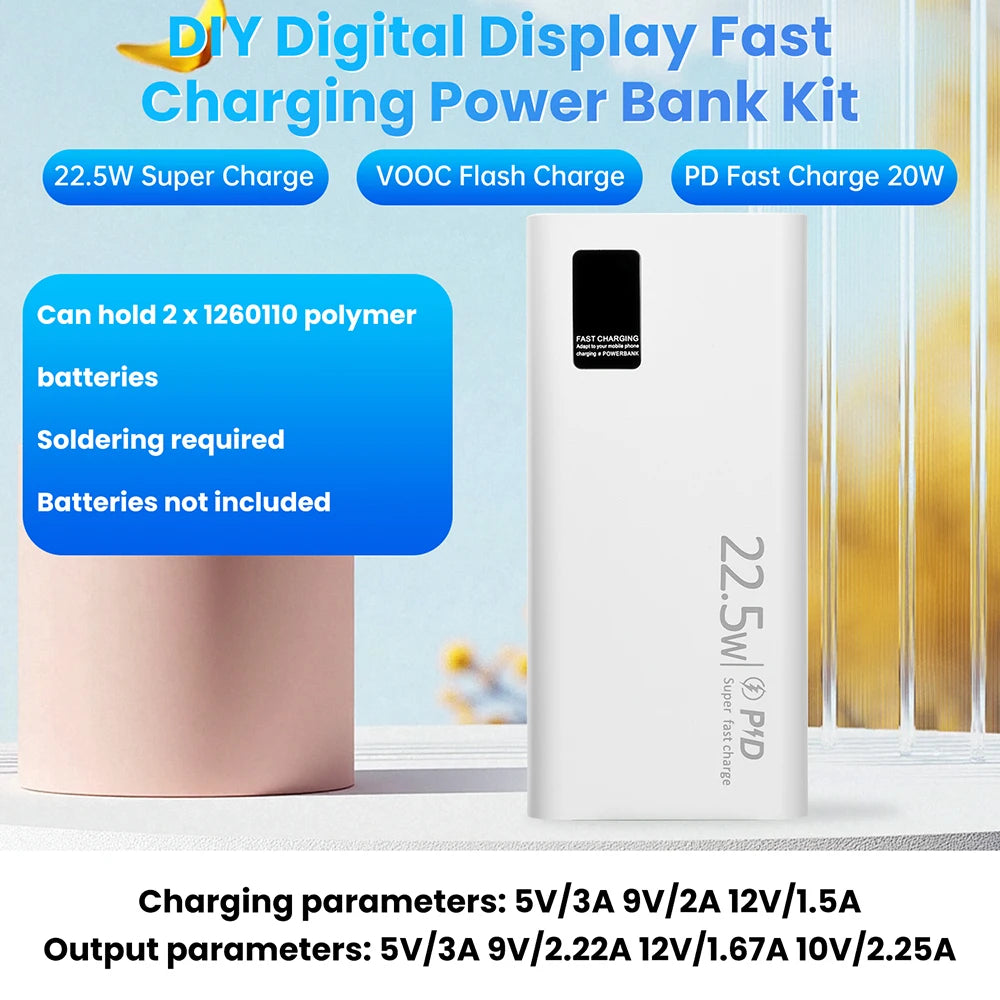 22.5W Fast Charging Power Bank DIY Kit 1260110 Battery Case Power Bank Type C Supports PD/QC/VOOC 20000mAh Power Bank Case Oasis Select