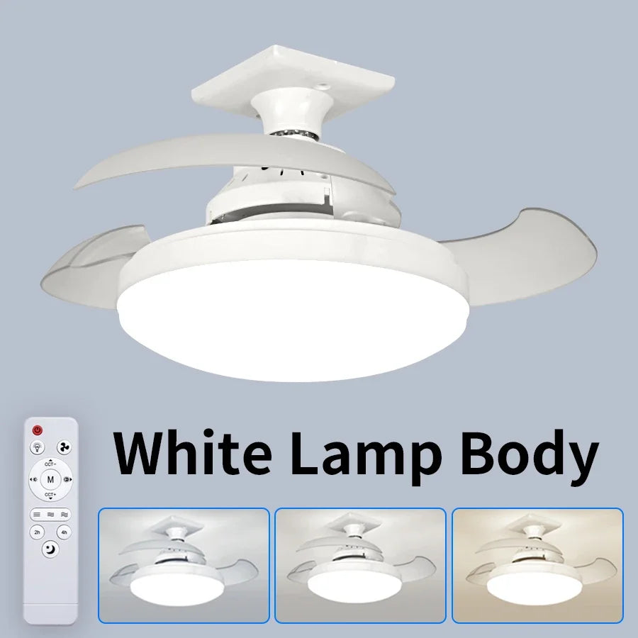 2 in 1 E27 Ceiling Fan Light with Remote Control AC 85-265V Three-Color Three-Wind Speed Dimmable Timer Function for Living Room Oasis Select White Remote Control