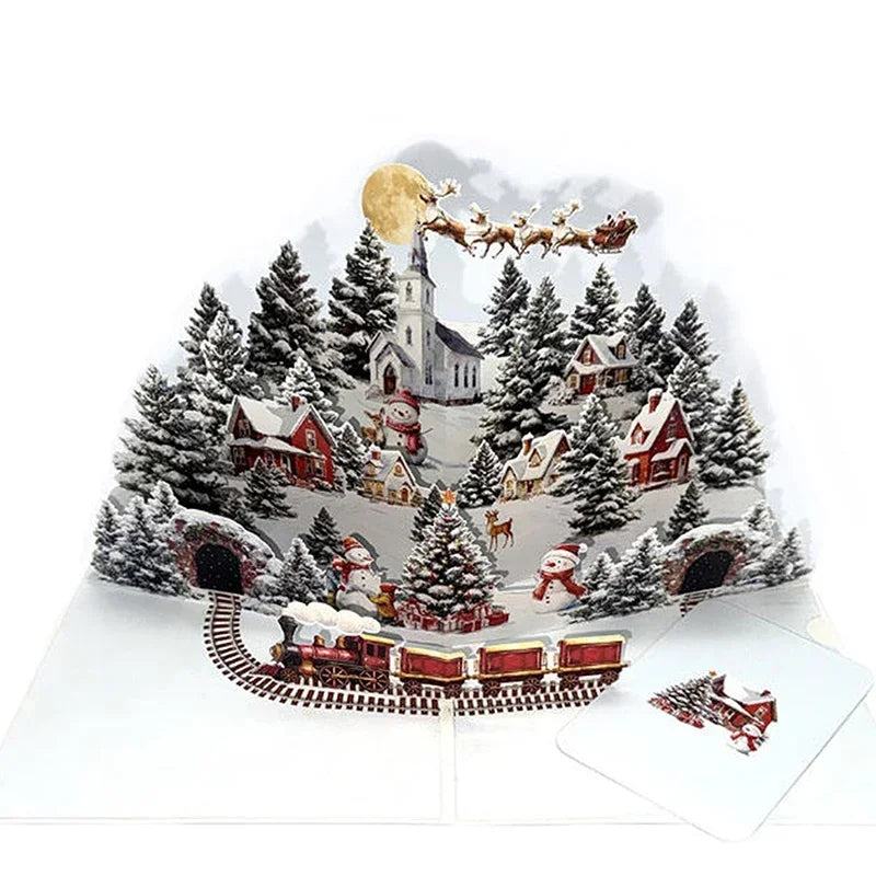 3D Christmas Card Night Before Christmas Scene With Santa, Reindeer, Snowy Village & Moonlit Sky Festive Holiday Greeting Card F Oasis Select