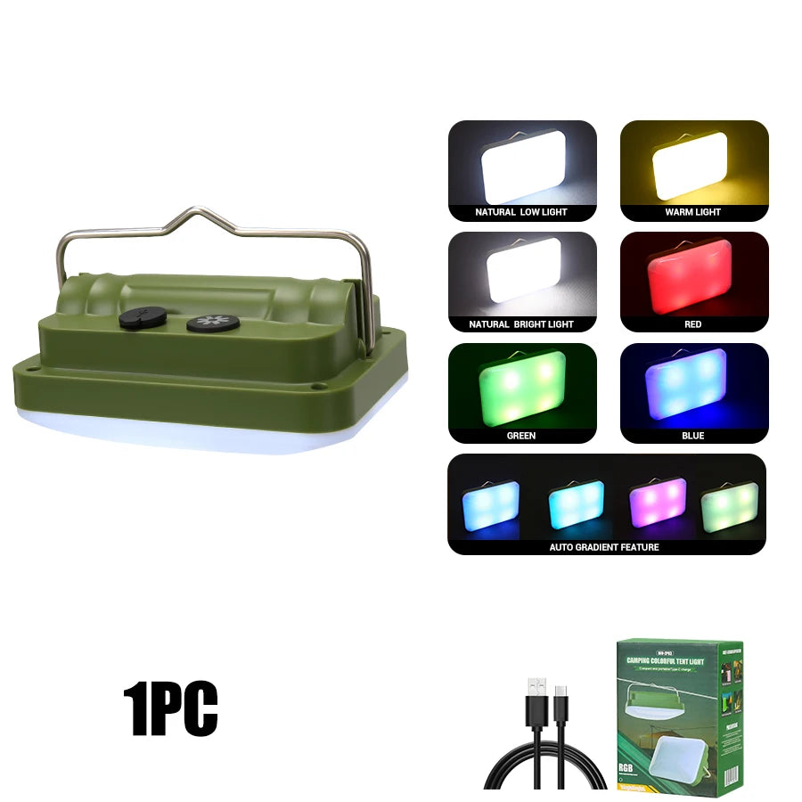 RGB LED Camping Lantern | 7 Modes, IPX6, Rechargeable Hook Light