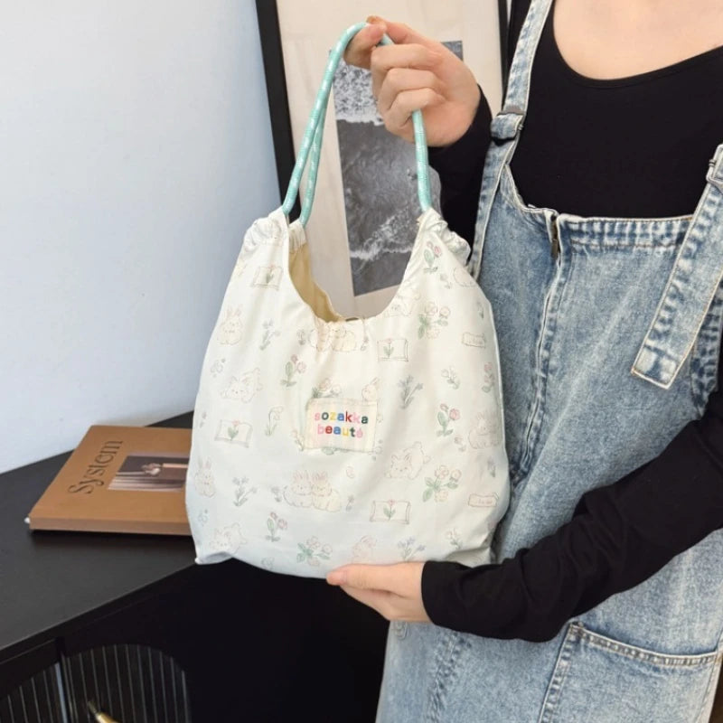 Cartoon Rabbit Print Canvas Tote Bag Portable Foldable Grocery Bag Lightweight Handbag for Women Daily Use & Travel Oasis Select