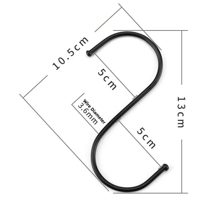 10PCS Stainless Steel S-shaped Hooks Heavy Duty Metal Hanging Multi-functional Coat Hook For Kitchen Bathroom Home Fastener Oasis Select black 13cm 10pc