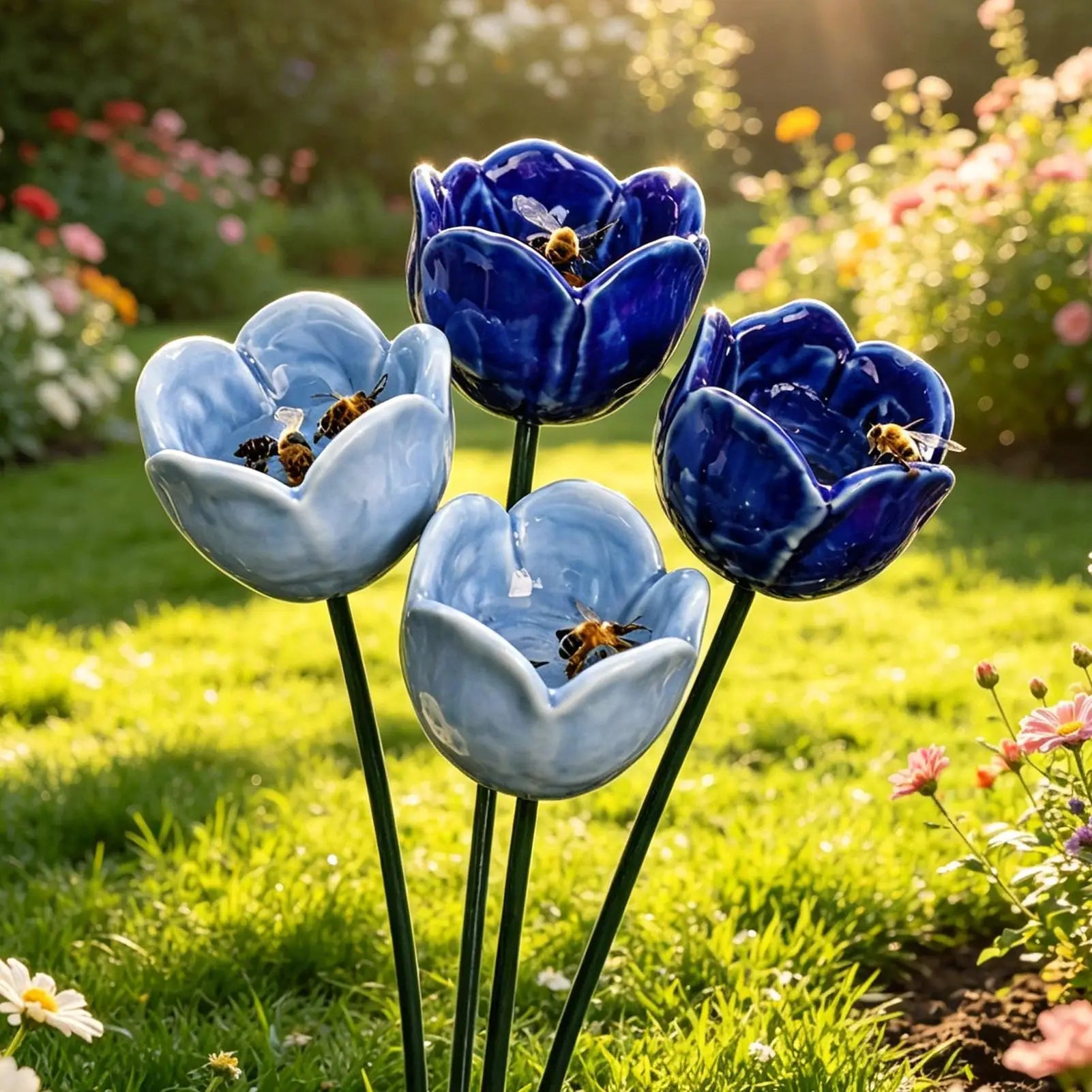 4pcs Flower Shaped Bee Watering Station ceramic Flower Garden Stake Bird Bath Butterfly Water Feeder Garden flower bee waterer Oasis Select