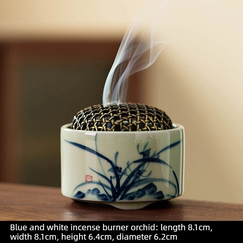 1pcs Retro Chinese Incense Burner Blue White Porcelain with Hand-painted Landscape Indoor Desktop Aroma Ornament for Home Use Oasis Select Orchid