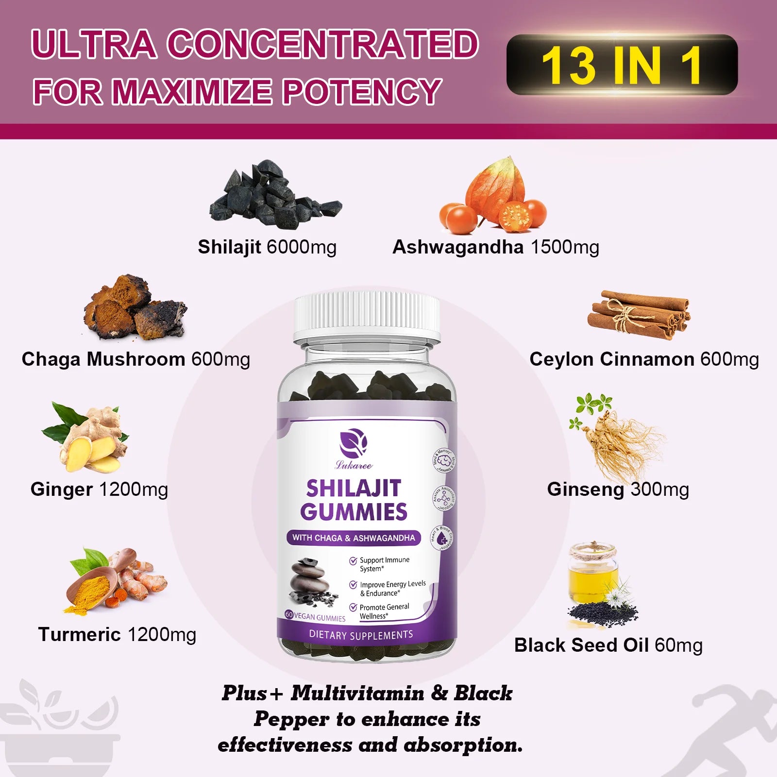 100% Himalaya Pure Shilajit Gummies 13 in 1 Original Mineral Health Supplement Non-GMO Brain Memory Cognitive Energy Health Oasis Select