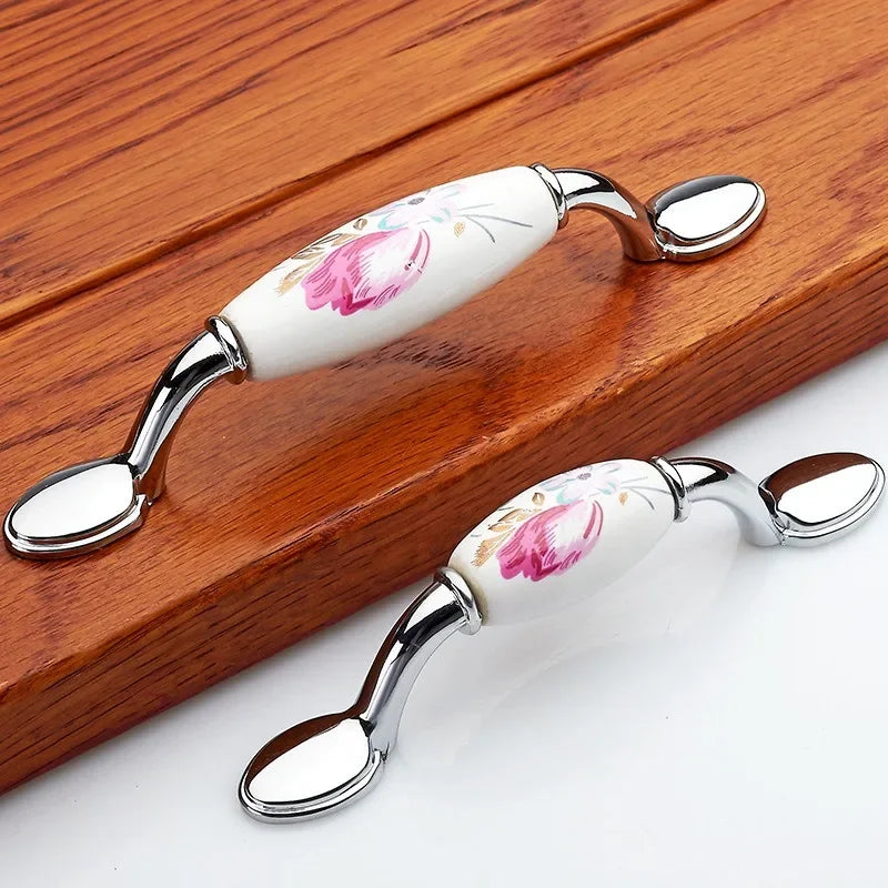Tulip Ceramic Door Handle Silver Drawer Pulls Vintage Flower Cupboard Kitchen Cabinet Handles and Knobs Furniture Hardware Oasis Select