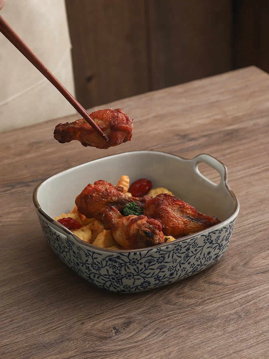 7-inch Ceramic Double Ear Baking Bowl Air Fryer Special Bowl Oven Vessel Square Baking Tray Ice Bowl Oasis Select
