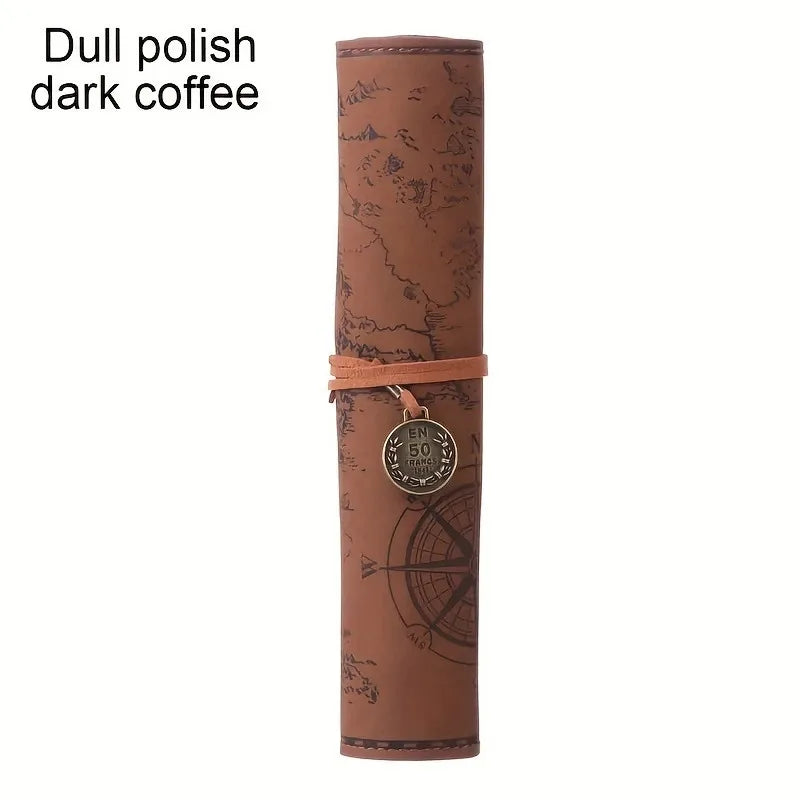 Creative Treasure Map Retro Leather Pencil Case Large Capacity Roll Up Pencil Bag Embossed Buckle Stationery Storage Pouch Oasis Select C