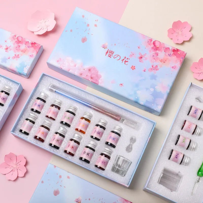 Romantic Sakura Glass Dip Pen Sakura Flower Series Multi piece Gift Box Gradient Color Set Oasis Select