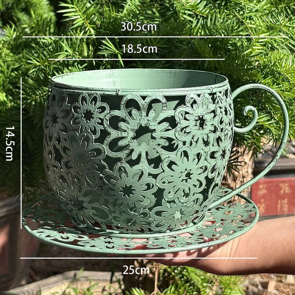 Teacup Iron Flower Pot | Vintage Garden Planter with Saucer