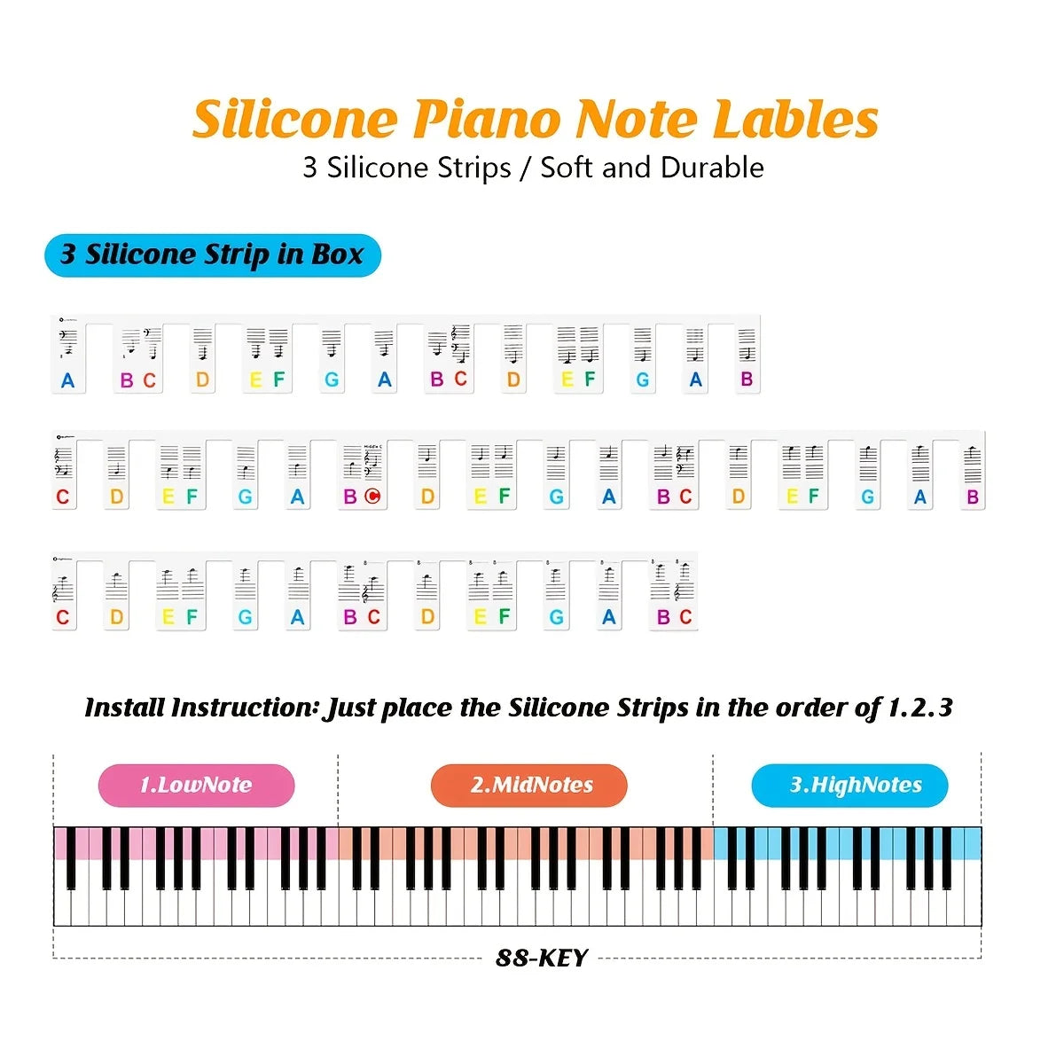 Piano Keyboard Note Labels Removable -88Key Full Size Silicone Piano Key Stickers Guide for Beginners Reusable Comes Oasis Select