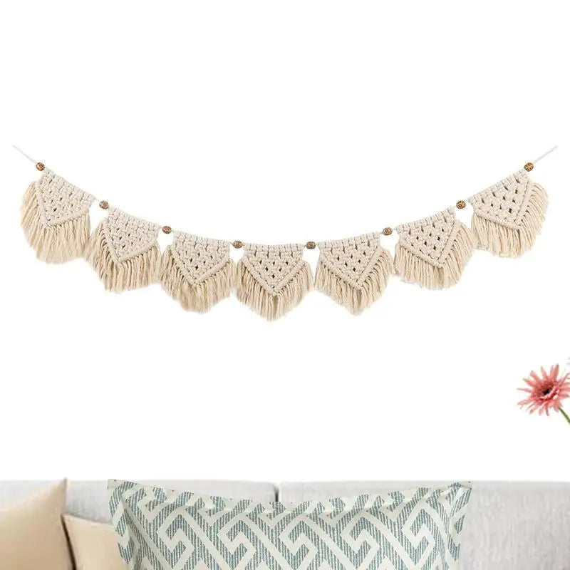 Hand-woven Boho Macrame Tapestry Wall Macrame Macrame Garland Banner with Wood Beads Home Wall Art Decoration for Apartment Oasis Select