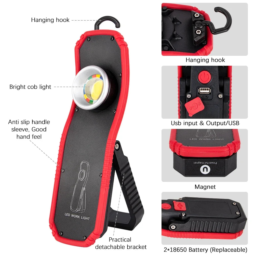 COB LED Work Light USB Rechargeable Magnetic Camping Lantern 1800lm