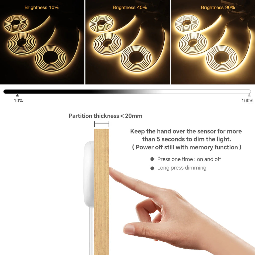 AC100V-240V to 24V Touch Control Swtich Dimmable COB LED Neon Strip Light for Multiple Closet Soundproof Panel Souvenir Cabinet Oasis Select