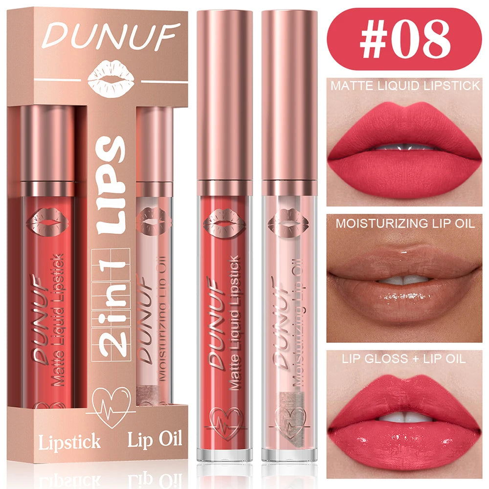 DUNUF Lip Gloss And Lip Oil Set 2-Piece Long-Lasting Waterproof Matte Moisturizing Non-Fading Lipstick Collection Oasis Select 08