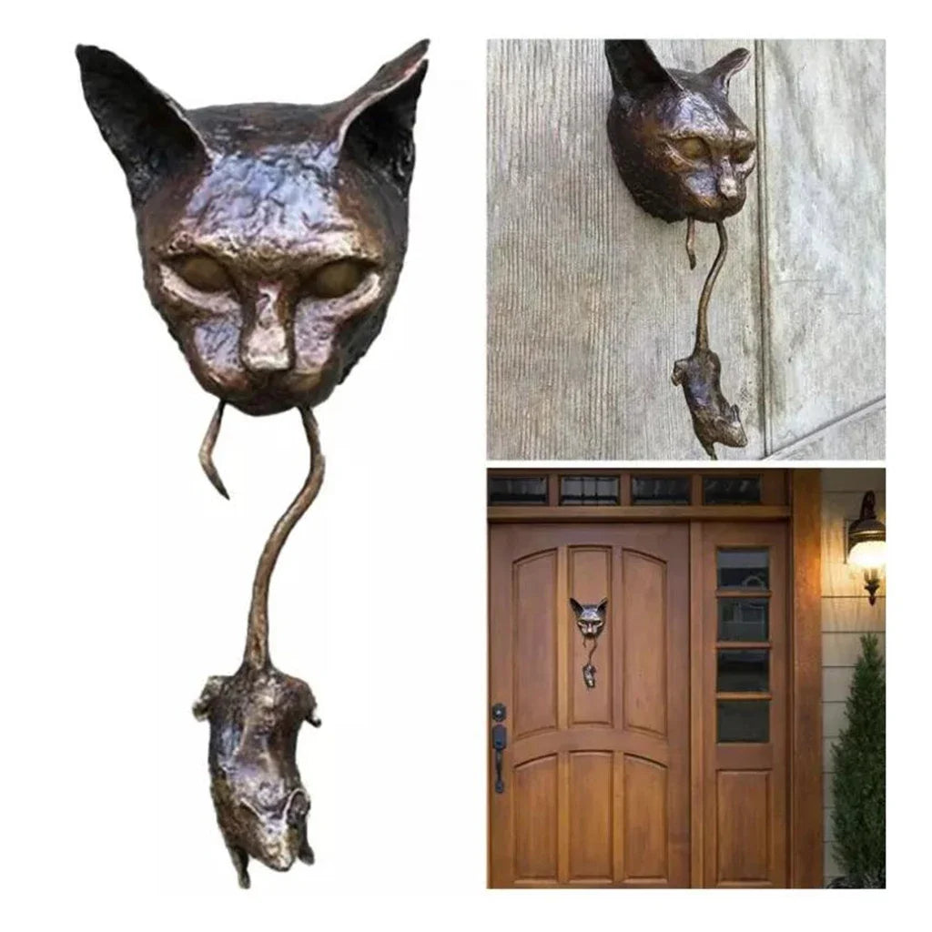 Halloween Cat and Mouse Statue Resin Wall Sculpture Pendant Knocker Garden Courtyard Decoration for Door Pile Protect Plants Oasis Select