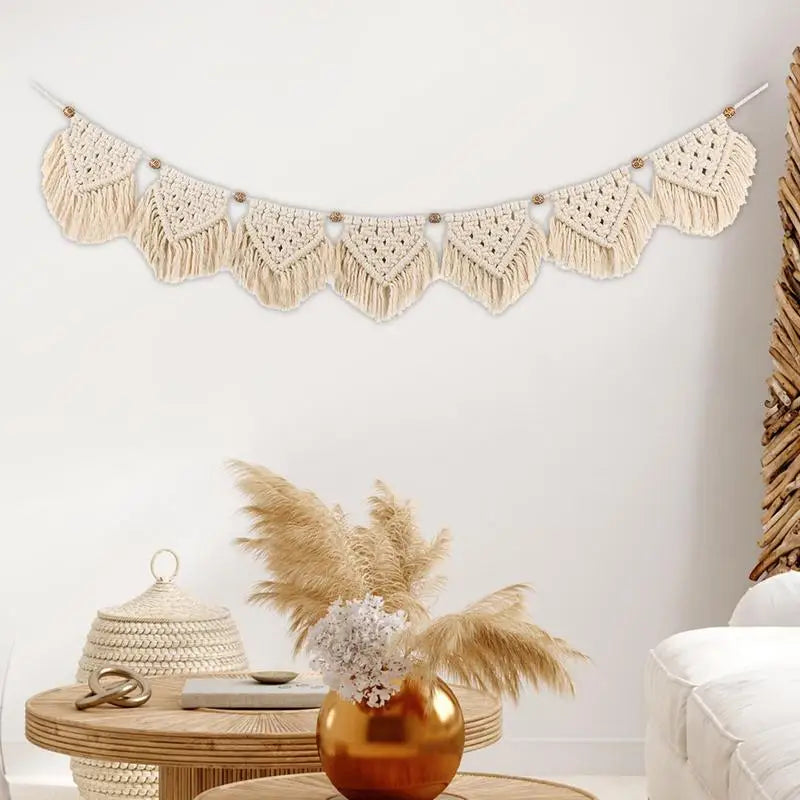 Hand-woven Boho Macrame Tapestry Wall Macrame Macrame Garland Banner with Wood Beads Home Wall Art Decoration for Apartment Oasis Select