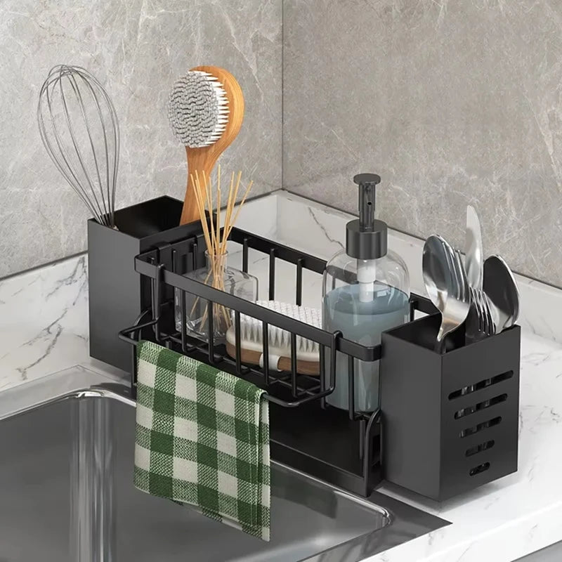 WISH Kitchen Sink Organizer Rack - Plastic Self-Draining Shelf For Soap, Sponge, Dishcloth, Towel, With Filter Basket Oasis Select