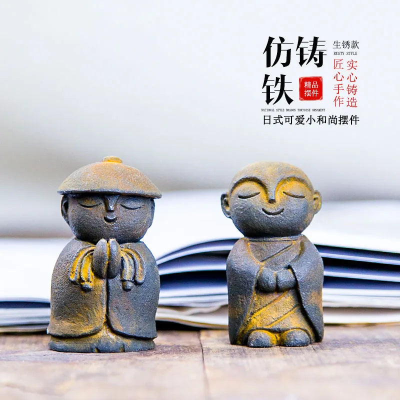 Zen Creative Cute Little Monk Buddha Statue Ornament Home Living Room Tea Play Desktop Imitation Cast Iron Handmade Craft Oasis Select